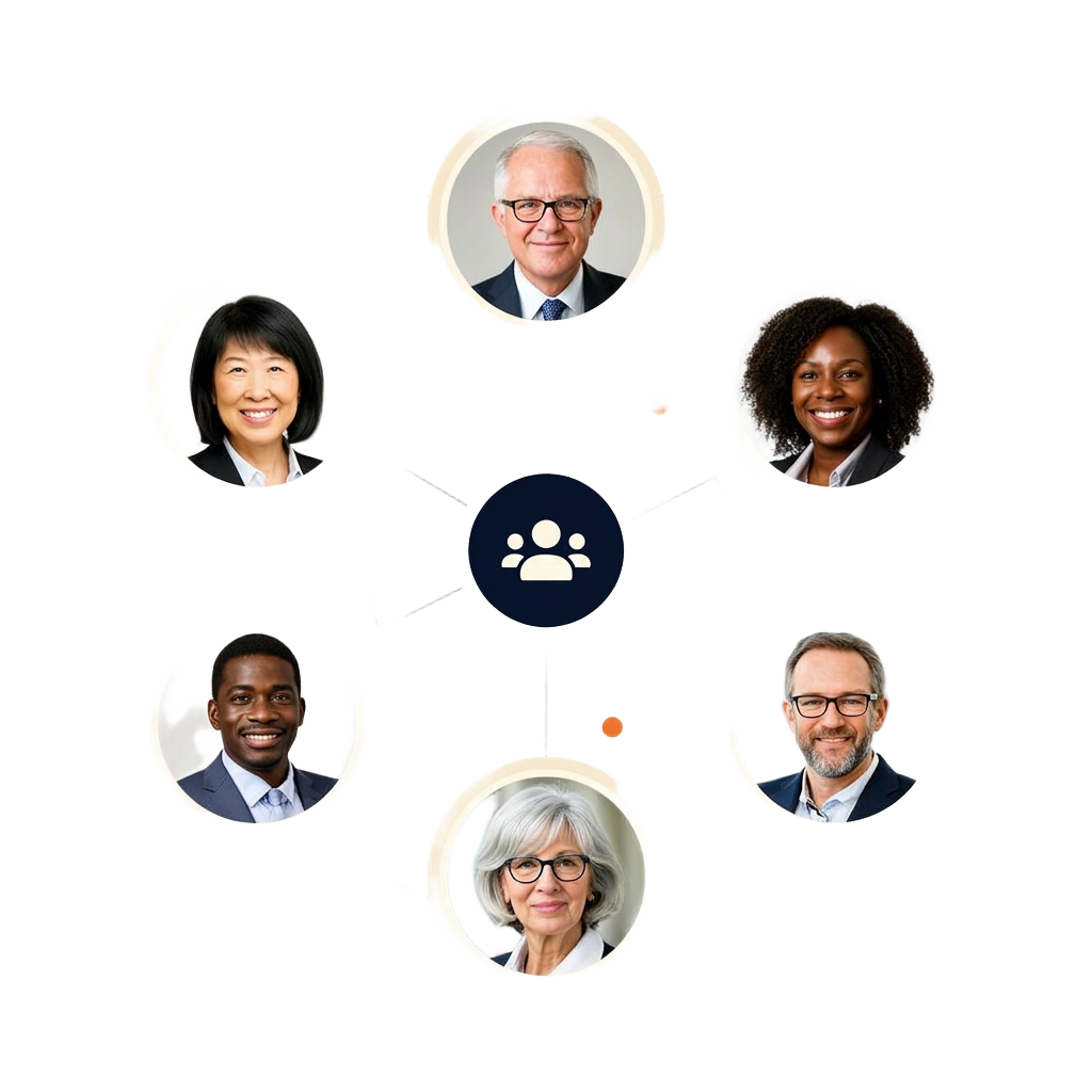 Peer network of senior AI leaders connected around a central community hub